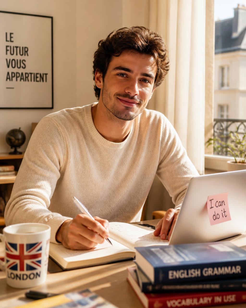 Une apprenante étudiant l’anglais avec un carnet et un ordinateur portable